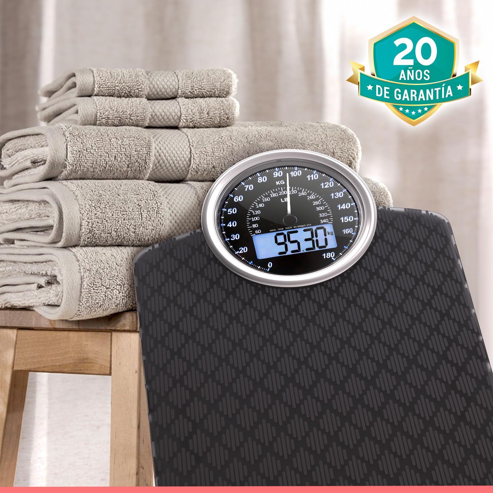 Hybrid Báscula de Baño - Analógica & Digital, Precisa hasta 180 kg | Vea su peso en el cuadrante analógico y LCD a la vez. Plataforma ancha, 3 pilas AAA incluidas, lista para usar.
