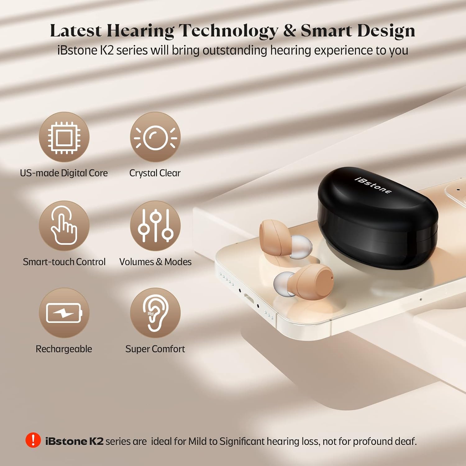 iBstone K2 Rechargeable Hearing Aids for Seniors Adults, Digital Devices with 4 Programs for Optimal Hearing Experience, Smart Touch Operation, Quick Charge with Portable Charging Case, 2025 Version