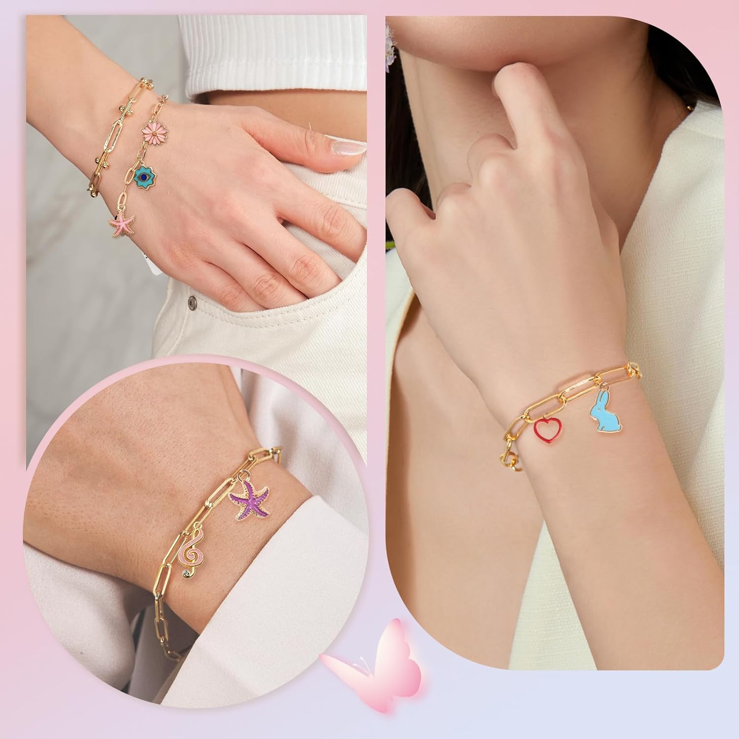 Wisreach 417 PCS Stainless Steel Gold Charm Bracelet Making Kit, DIY Jewelry Making Supplies with Paperclip Chain Bracelets, Charms & Jump Rings, Starter Craft Kit, Women & Beginners - Image 7