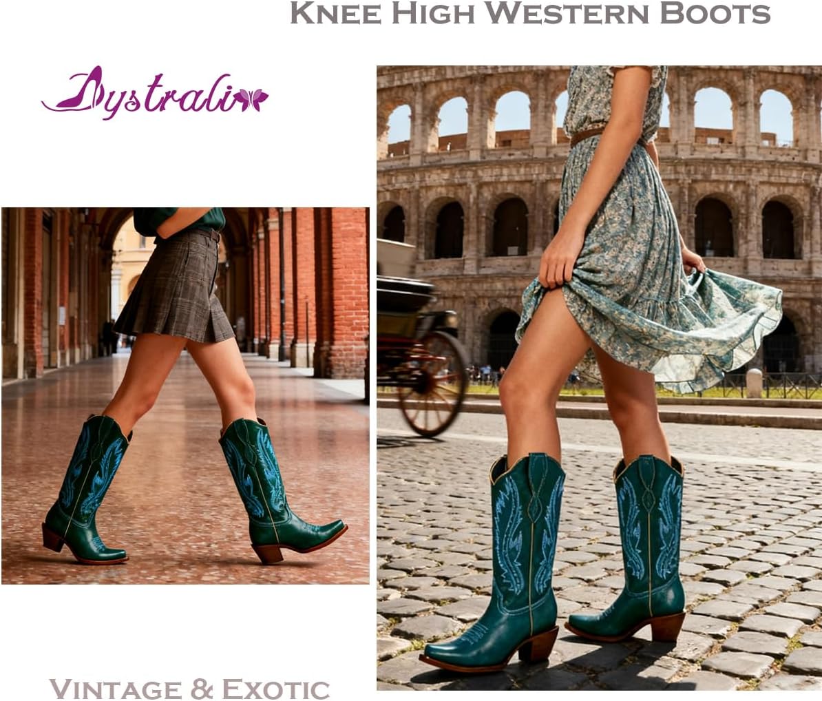 Women Vintage Embroidered Cowboy Boots Knee High Western Boots Chunky Stacked Heel Pointed Square Toe Mid Calf Cowgirl Boots Matte Metallic Pull On V Cut Fall Boot Exotic 4-11 M US