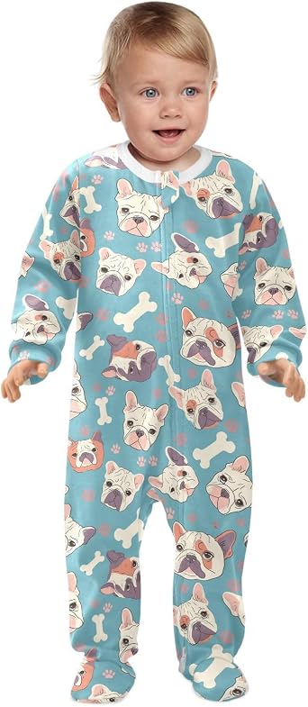 Cute Pugs Flowers Baby One-Piece Footies Long Sleeve Rompers Pajamas Zip Front Pjs for Boys Girls kids 3M