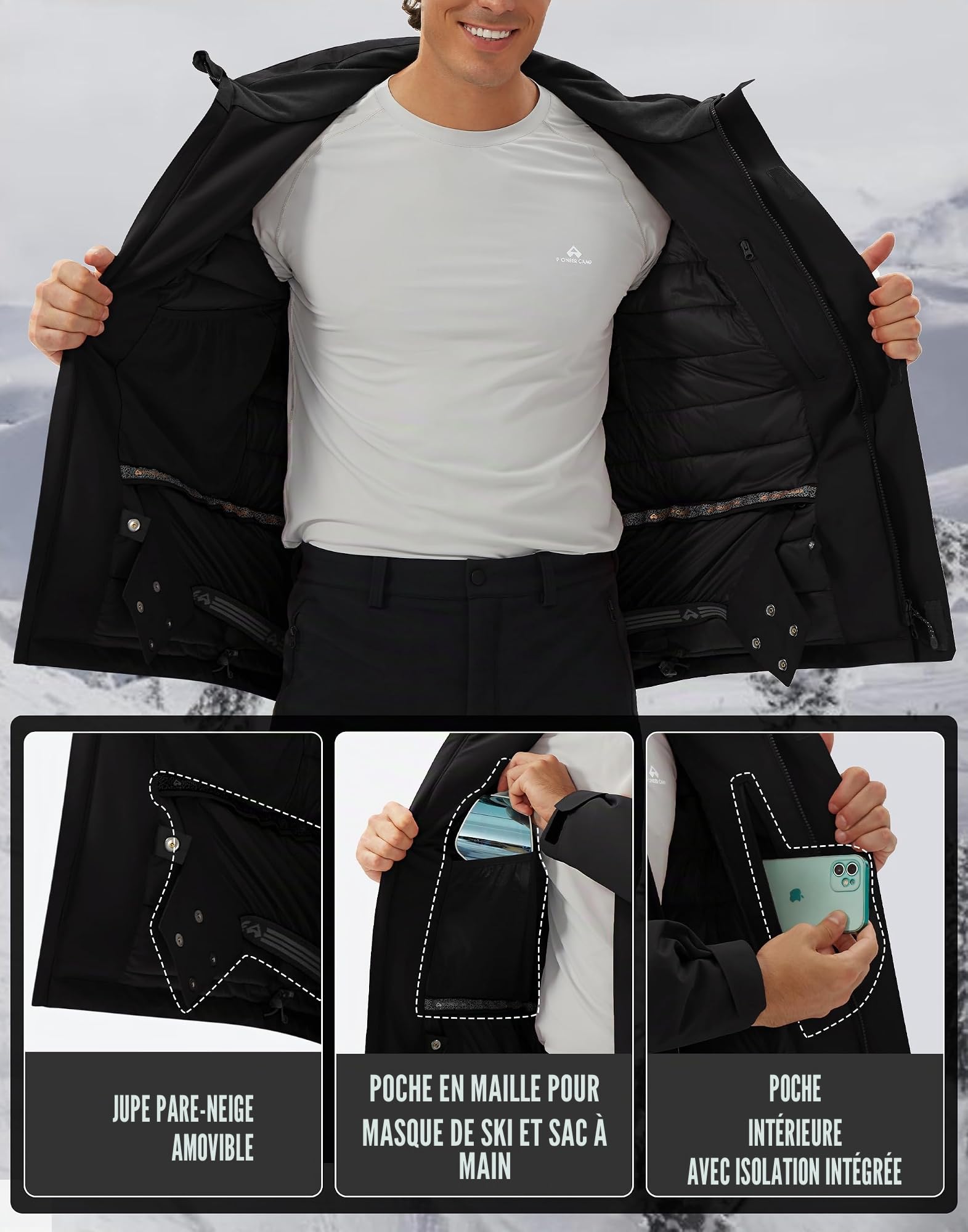 Veste de ski pour homme - Imperméable - Chaude - Respirante - Veste d'hiver avec capuche - Outdoorjac