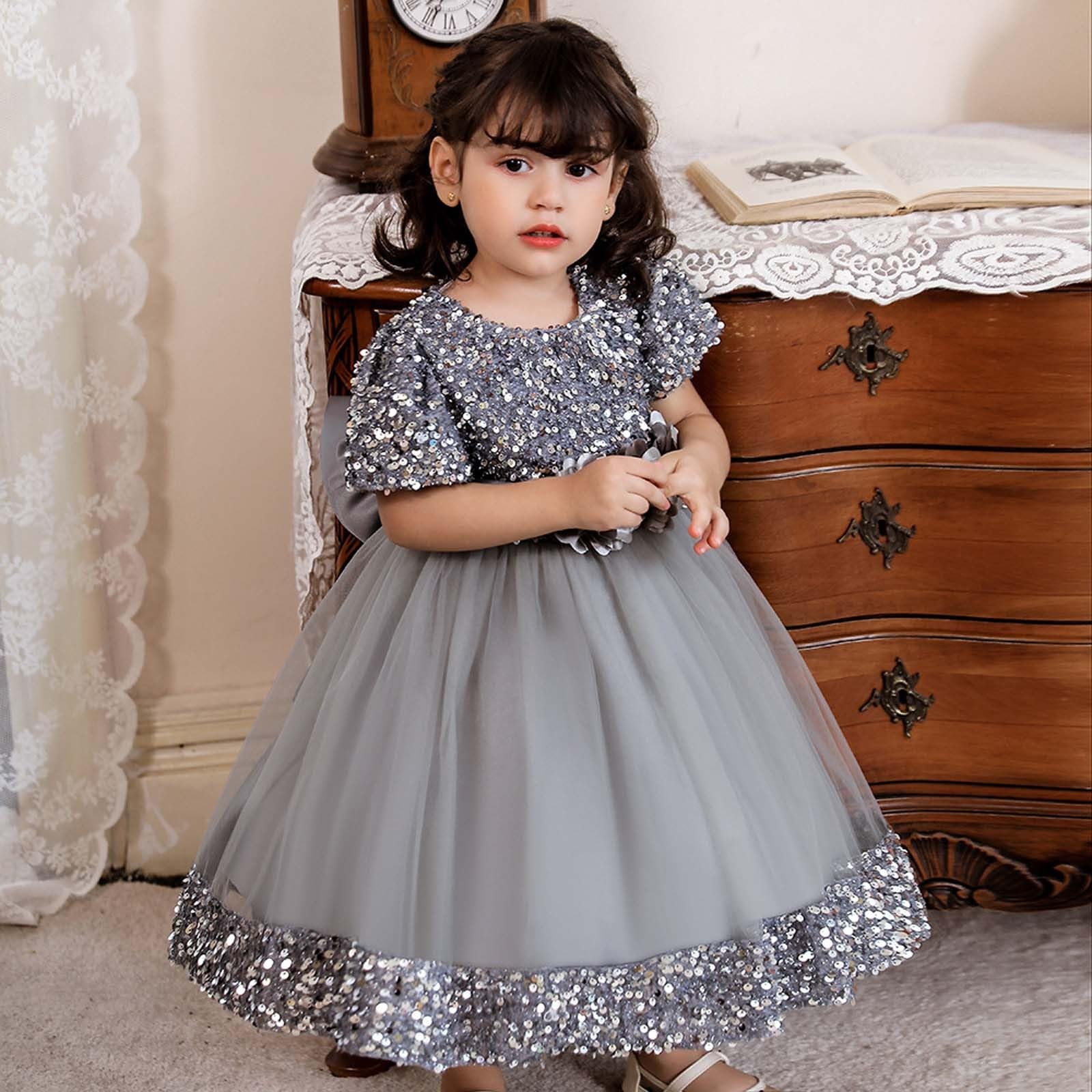 Genérico Vestido de Hada Brillante para niñas pequeñas, con Lazo Brillante, Floral, para Fiesta y Falda, de Fibra Suave, Ligero y Suave, Ideal para Uso Diario, colección Nueva Estampado Floral