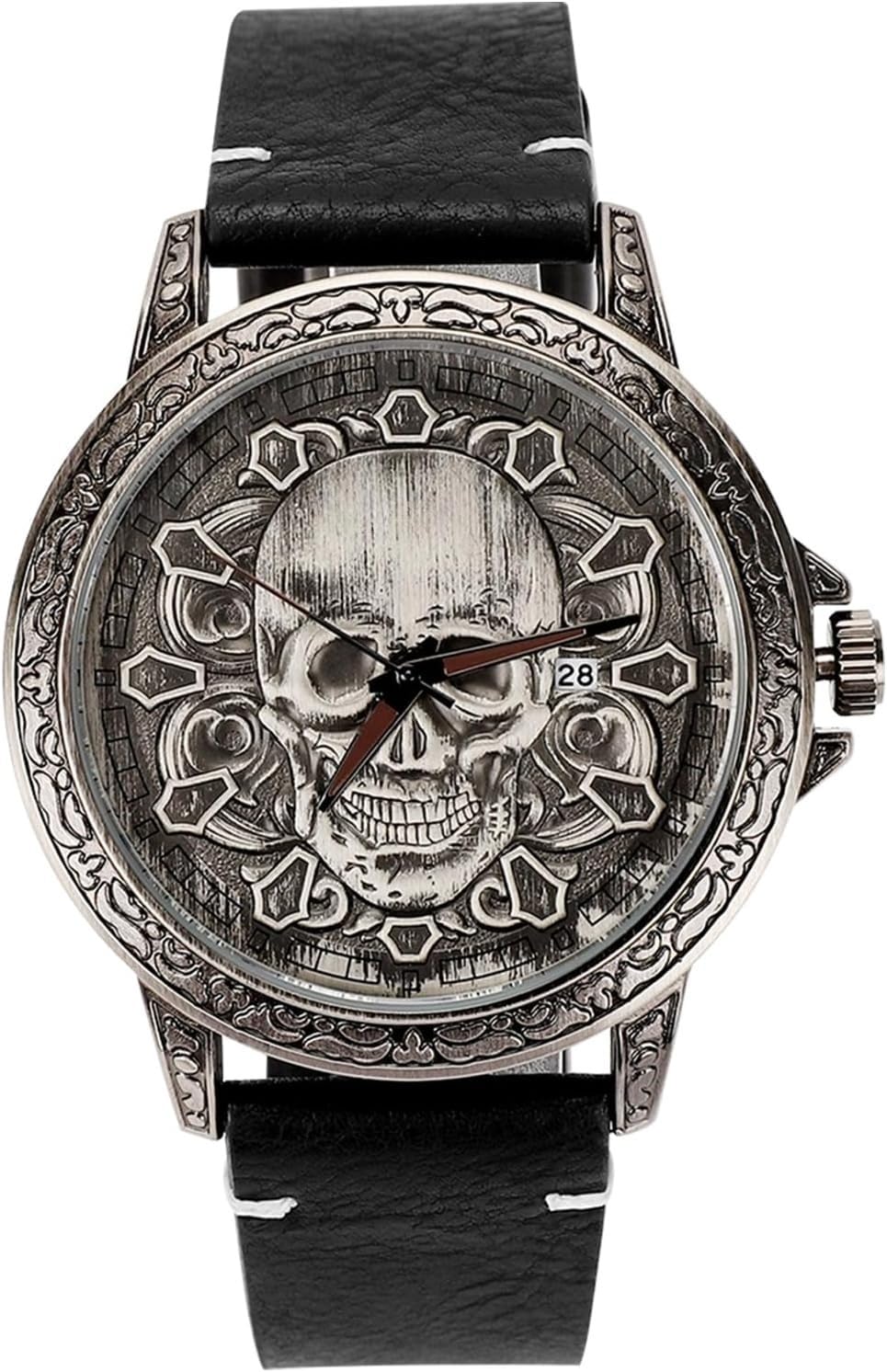 Reloj de pulsera casual de Halloween con diseño de calavera para hombre, correa de piel auténtica, caja de regalo