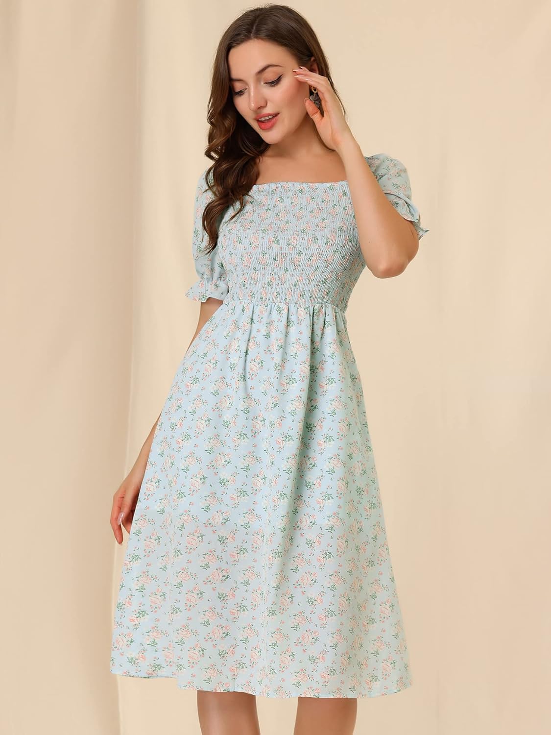 Allegra K Women's Cottagecore Floral Dress Puff Sleeves Smocked Midi Dresses - Image 2