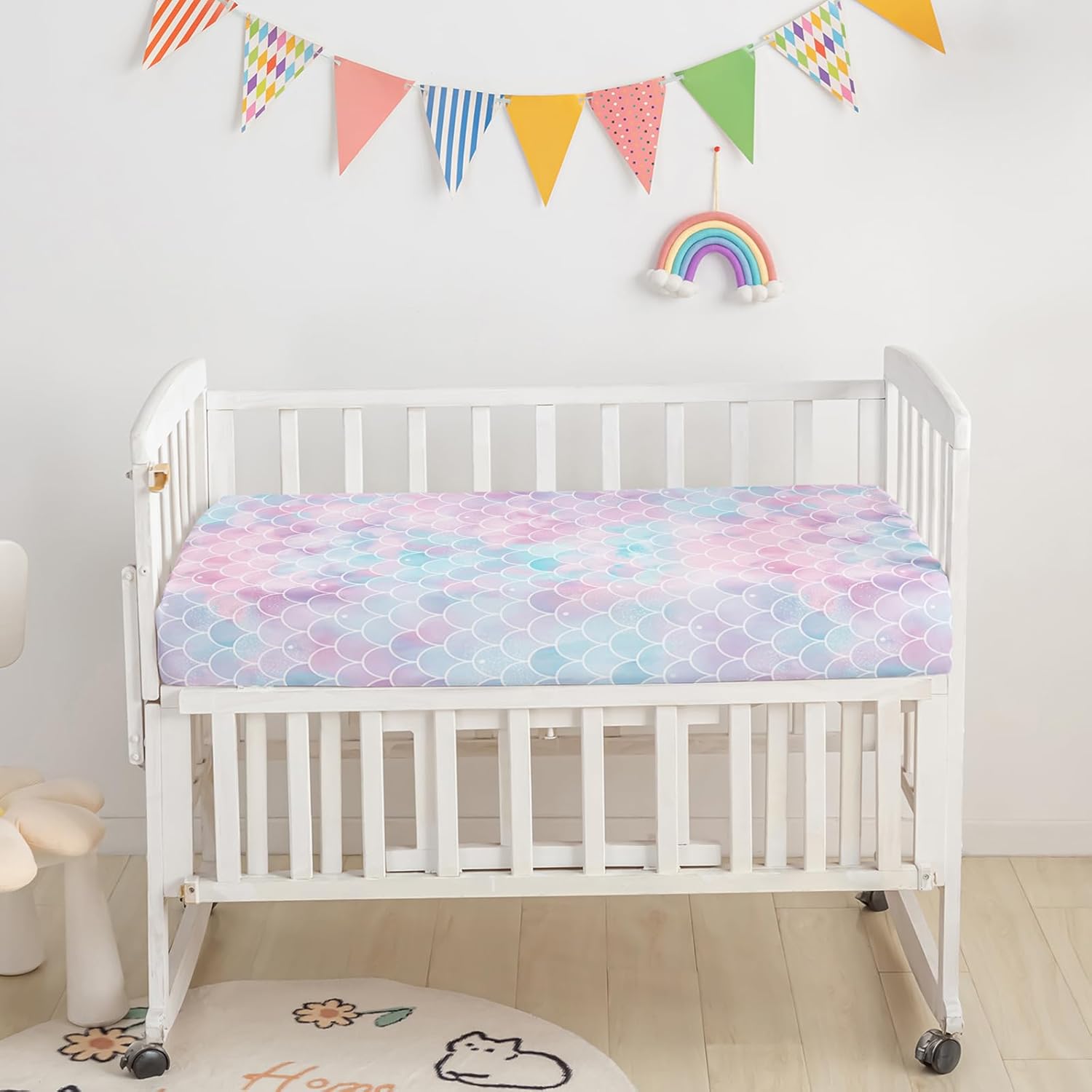 Axolotl Sea Turtle Quilt Set for Girls,3 Pieces Mermaid Scales Comforter Set Bedding Set,Including Quilt,Fitted Sheet & Bed Skirt,Girls Bedding Set,Rainbow