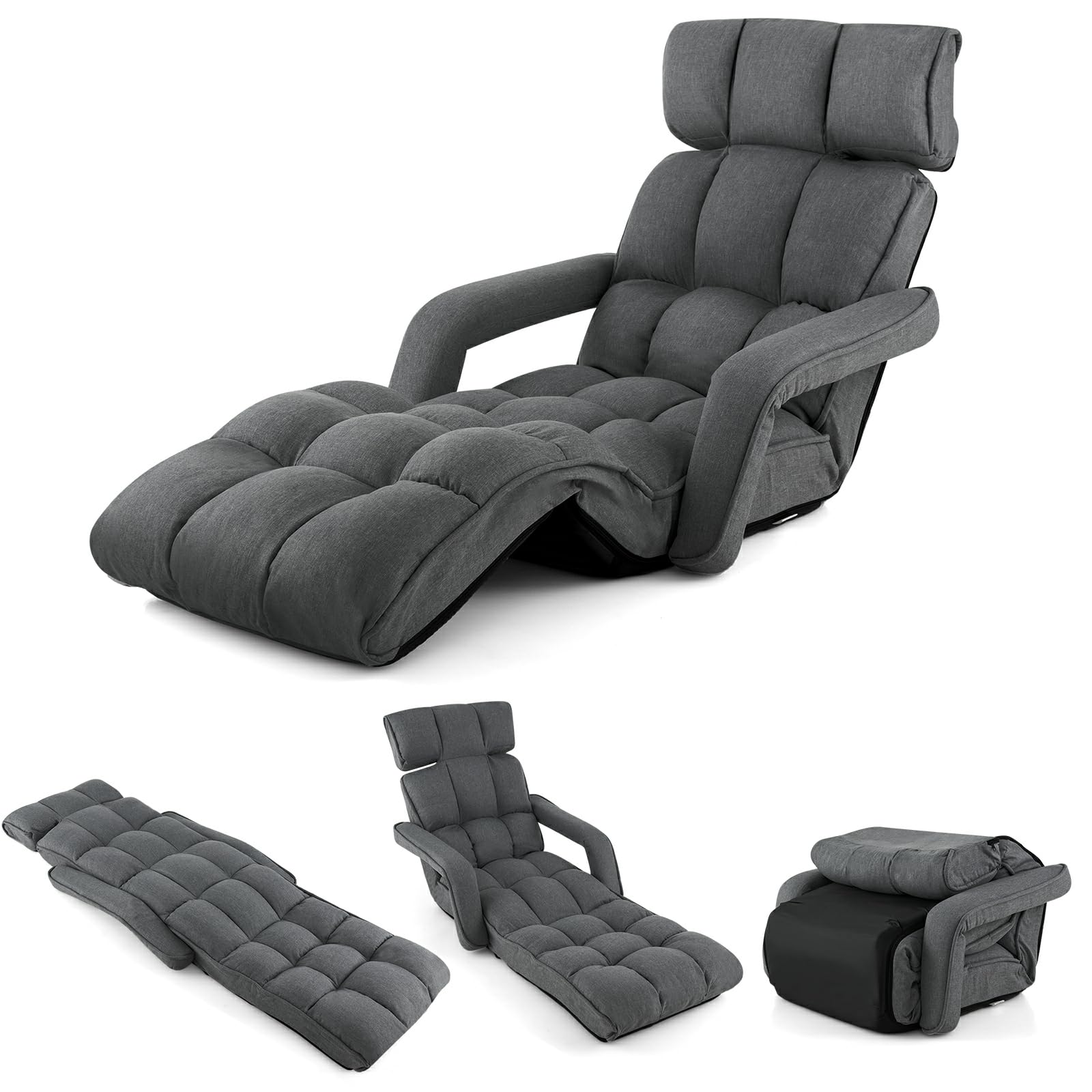 Moccha Foldable Floor Lazy Sofa - Adjustable 6-Position Chaise Lounge Sofa with Adjustable Armrests, Backrest & Footrest, Folding Floor Chairs for Adults, Gaming Living Room Bedroom, No Assembly