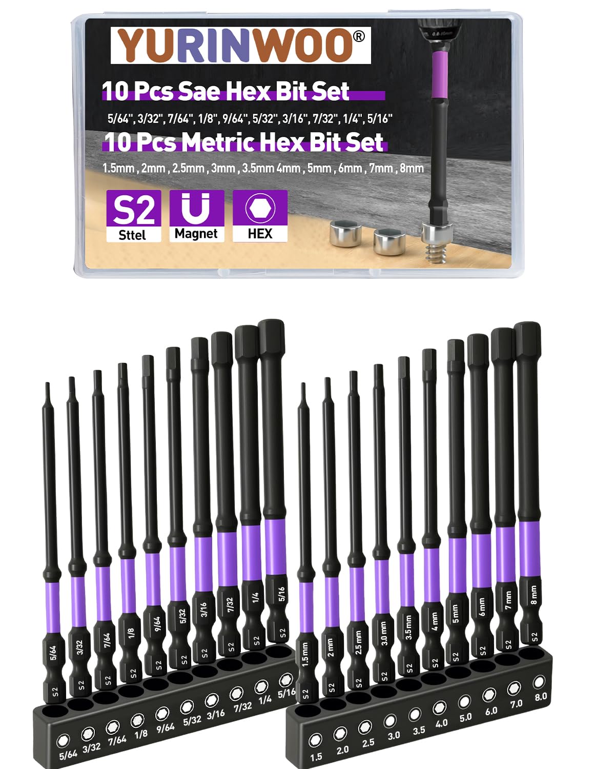 20Pcs Hex Head Allen Wrench Drill Bit Set (Metric & SAE), 100mm Long S2 Steel Bits Set, CNC Machined Tips with Magnetism, 1/4โ Hex-Shank Inner Hexagon Screwdriver Bit with Storage Box