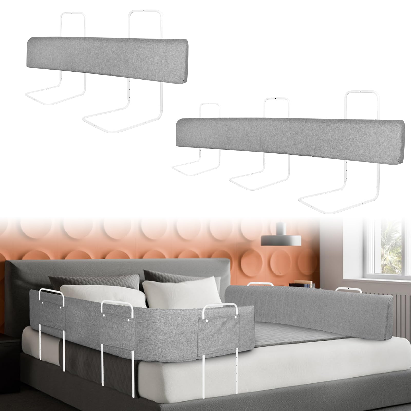 Barrera de seguridad para cama, protector de bordes de cama, altura regulable, barandilla de seguridad (180 cm, color gris lino)