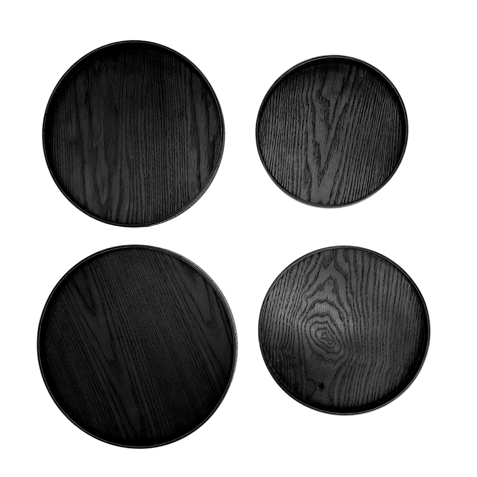 Juego de 4 bandejas redondas de madera para servir, platos de madera de fresno antideslizantes con bordes elevados, ideal para frutas, aire acondicionado y drin en restaurantes, cafeterías y uso