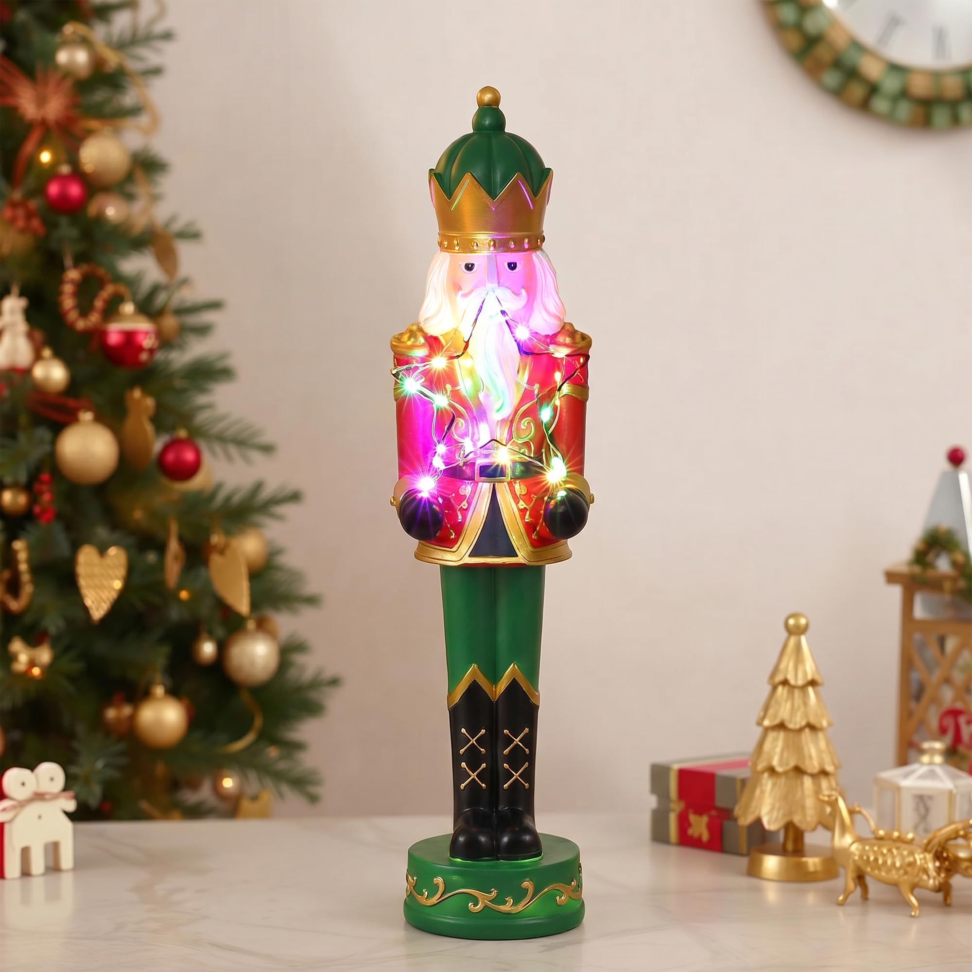 Hometopia Nussknacker Figur mit LED-Stern, 46 cm, Weihnachten Deko Rot-Grün