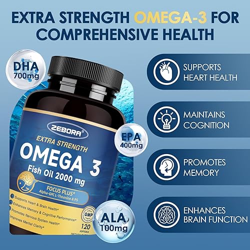 Miniatura 3 de ZEBORA Aceite de pescado Omega-3 de 2000 mg - DHA y EPA Omega 3 de alta potencia con alfa-GPC y PS para cerebro, cognición y soporte cardíaco, de