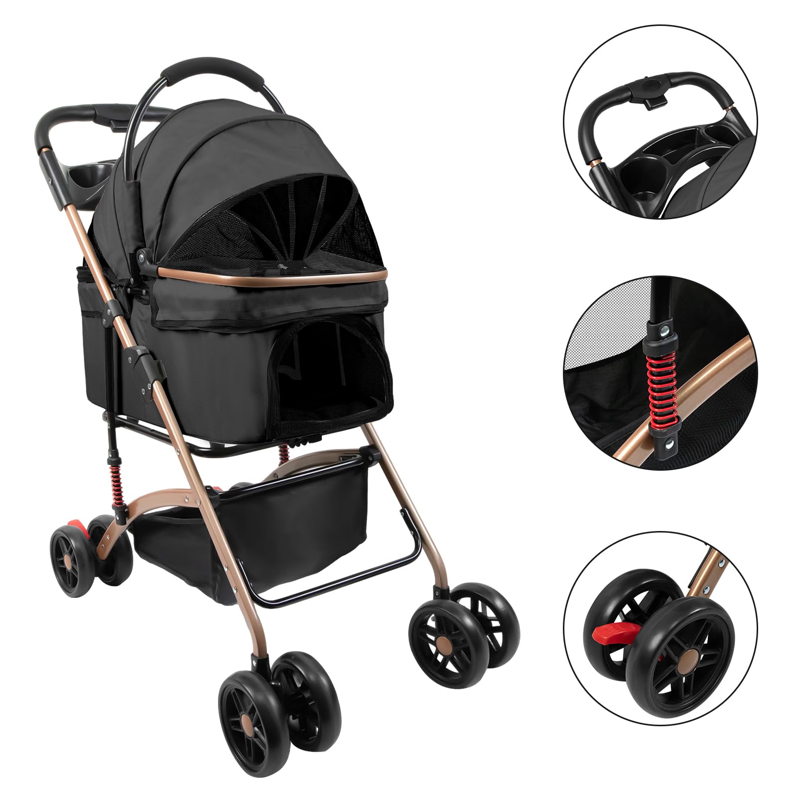 Hundewagen 3 in 1 Faltbarer Hundebuggy, Hundewagen, Kinderwagen für kleine Hunde, Katzen, Abnehmbarer Korb, Tragbarer Kinderwagen, Netzfenster, Oxfordstoff, Bis 20kg (Schwarz)