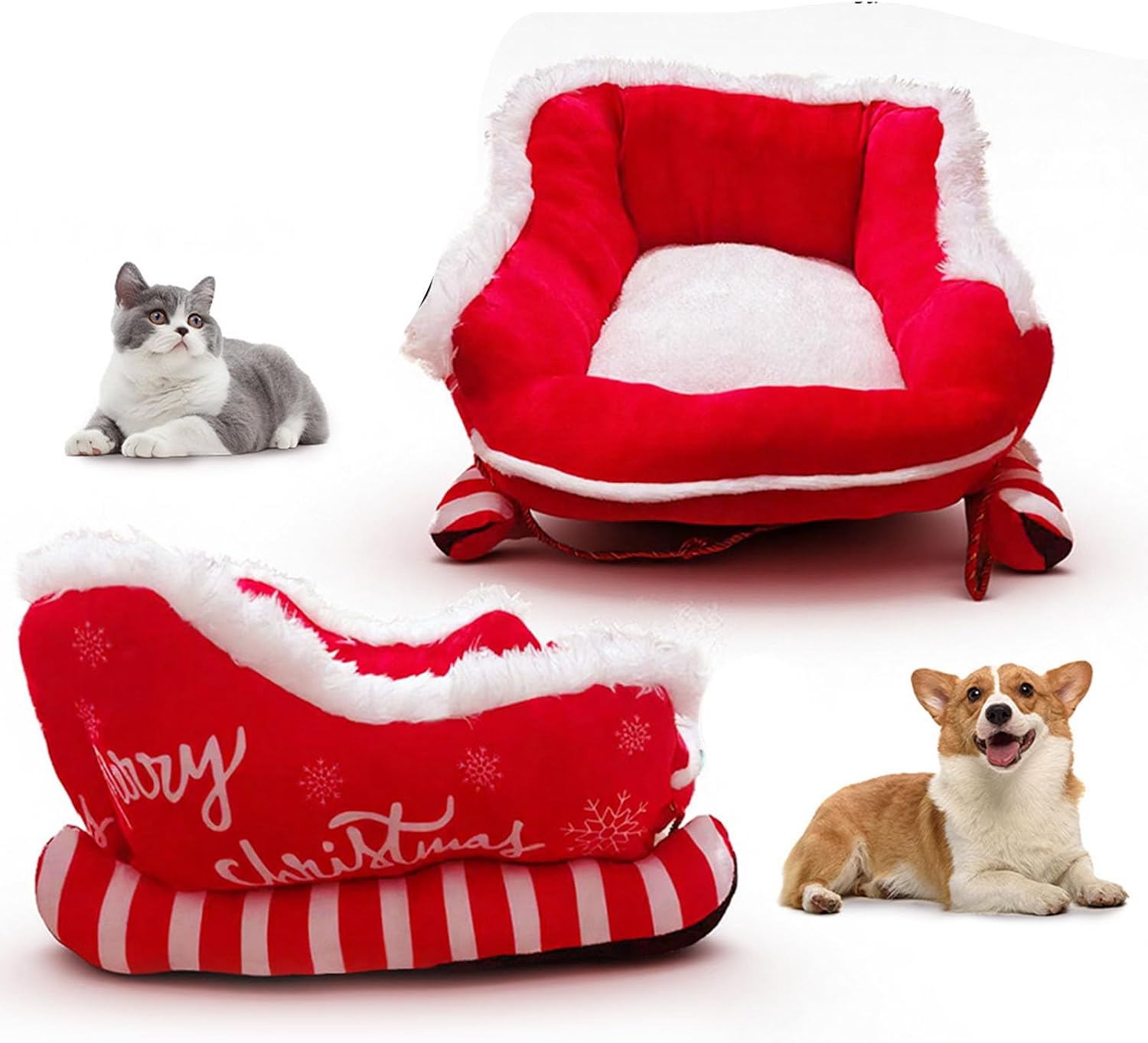 Christmas Sled Dog Cat Bed, Santa Themed Pet Sleigh Sofa Bed with Plush Synthetic Fur and Raised Sides, Washable Holiday Themed for Small Medium Dogs and Cats (L)