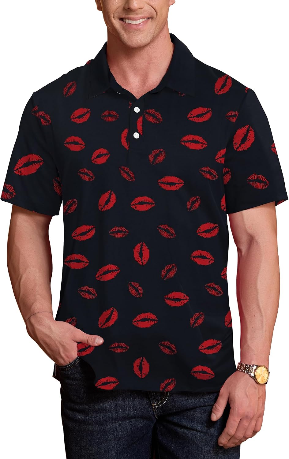 Arvilhill Men Valentine's Day Polo Heart Kiss Short Sleeve Dress Shirts (S-2XL)