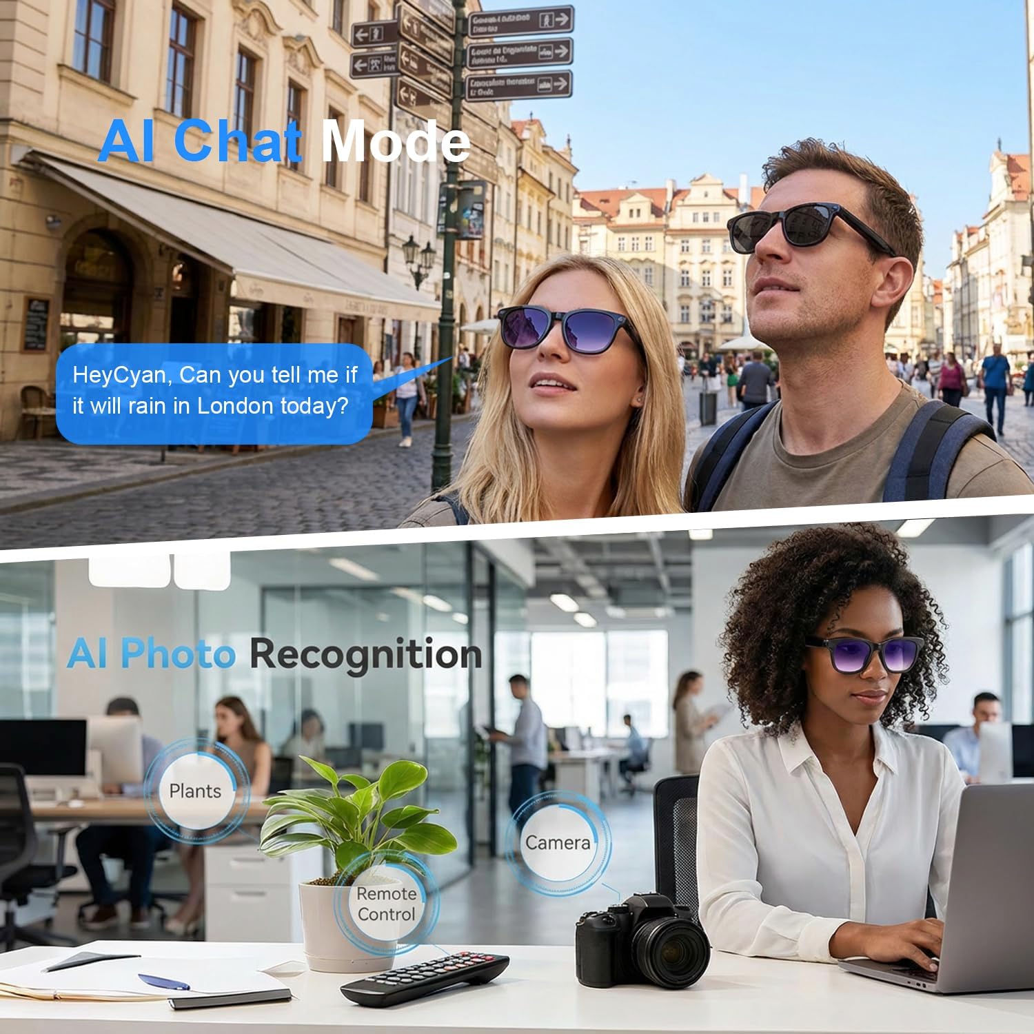 AI Smart Glasses with Camera, 8MP HD Bluetooth Camera Glasses, 1080P Video Recording Sunglasses for Women Men, Real Time Translation, Voice Assistant, Open-Ear Audio for Travel, Work Vlog (3 lenses)