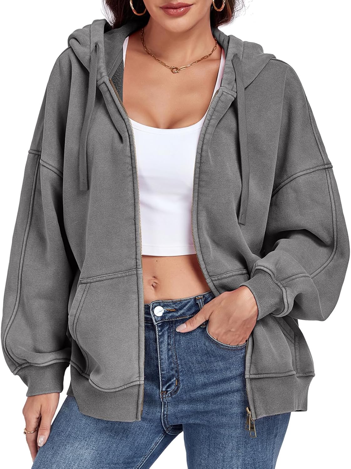 ALSOGO Womens Double Zip Up Oversized Hoodie Fleece Acid Wash Long Sleeve Sweatshirts Distressed Vintage Cotton Jackets