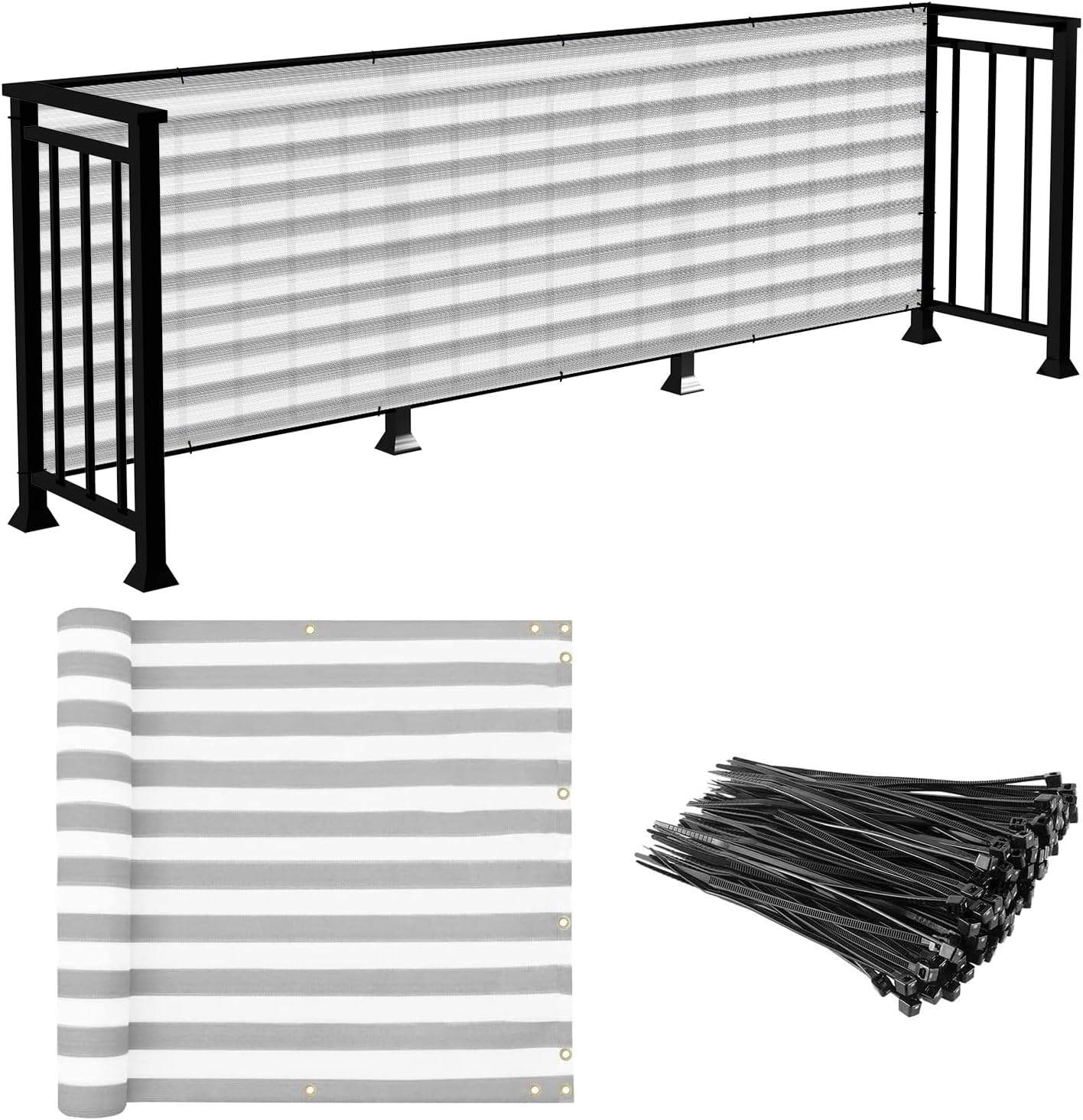 E&K Sunrise 3' x 193' Balcony Privacy Fence Screen Cover with Zip Ties Outdoor Screen Fence UV Protection for Deck Patio Backyard Apartment Pool Porch (Gray White Strip)