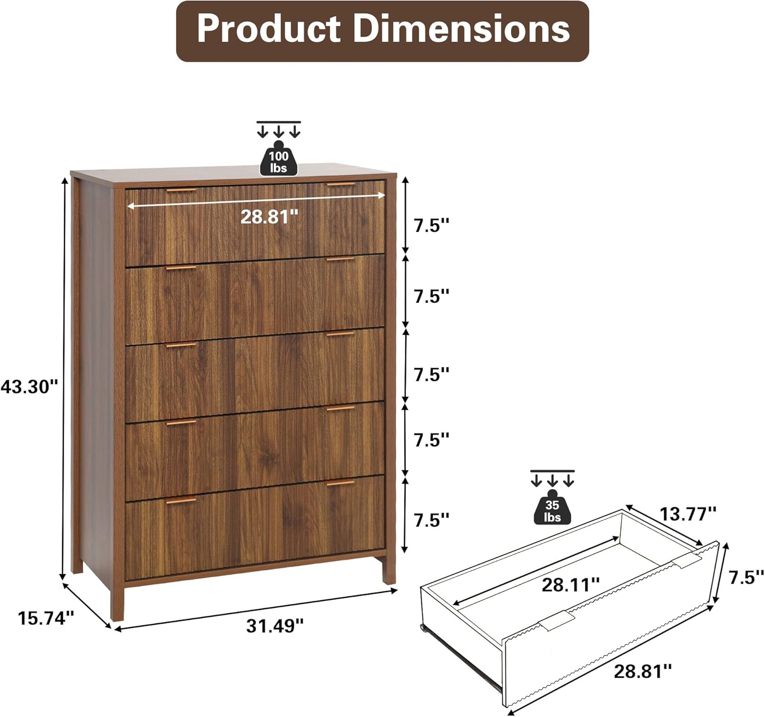 Product dimensions of the XUZENEST 5-Drawer Dresser, showing height, width, depth, and individual drawer dimensions and weight capacities.