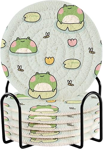 Cute Frog Coasters Absorbant Set of 6 with Holder Coasters for Coffee Table Minimalist Coasters Posavasos para Mesa