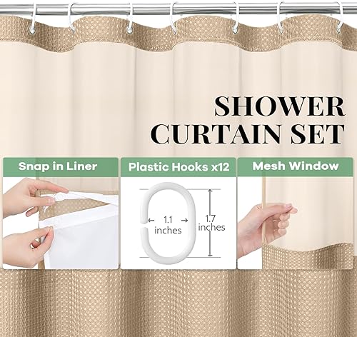 Vista 303 de Dynamene Cortina de ducha larga de tela negra – Cortinas de ducha de tela alta y resistente con textura de gofre, juego de cortina de baño de lujo