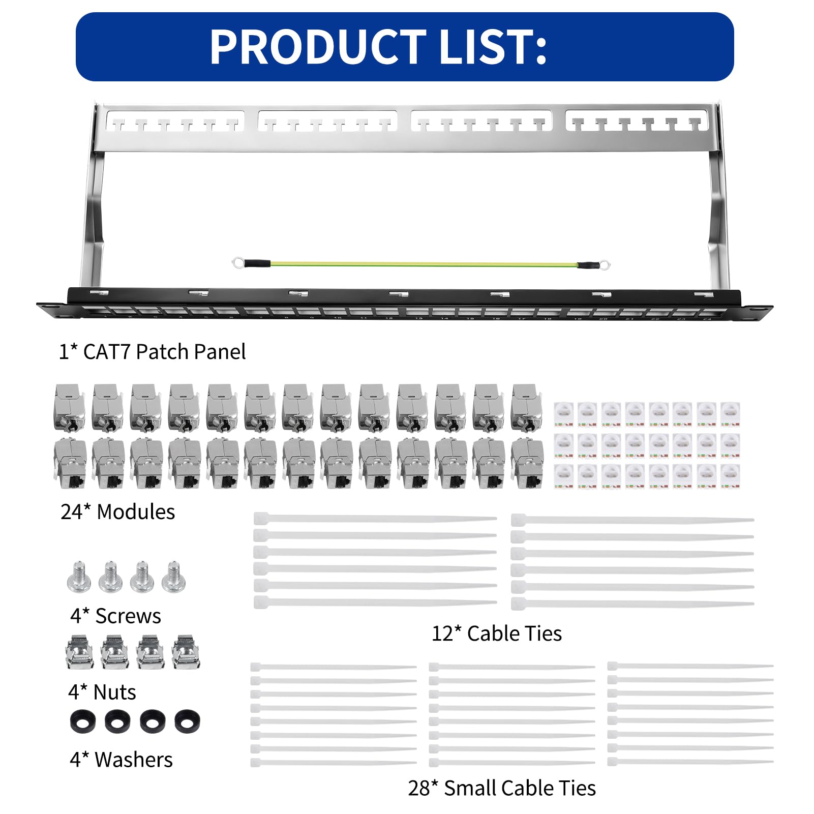 24 Porte CAT7 Pannello Patch, Supporta Larghezza Banda 10 Gbps/600 MHz, 19" Pannello Patch Keystone Schermato con Protezione EMI/RFI per Abitazioni Database Uffici e Data Center