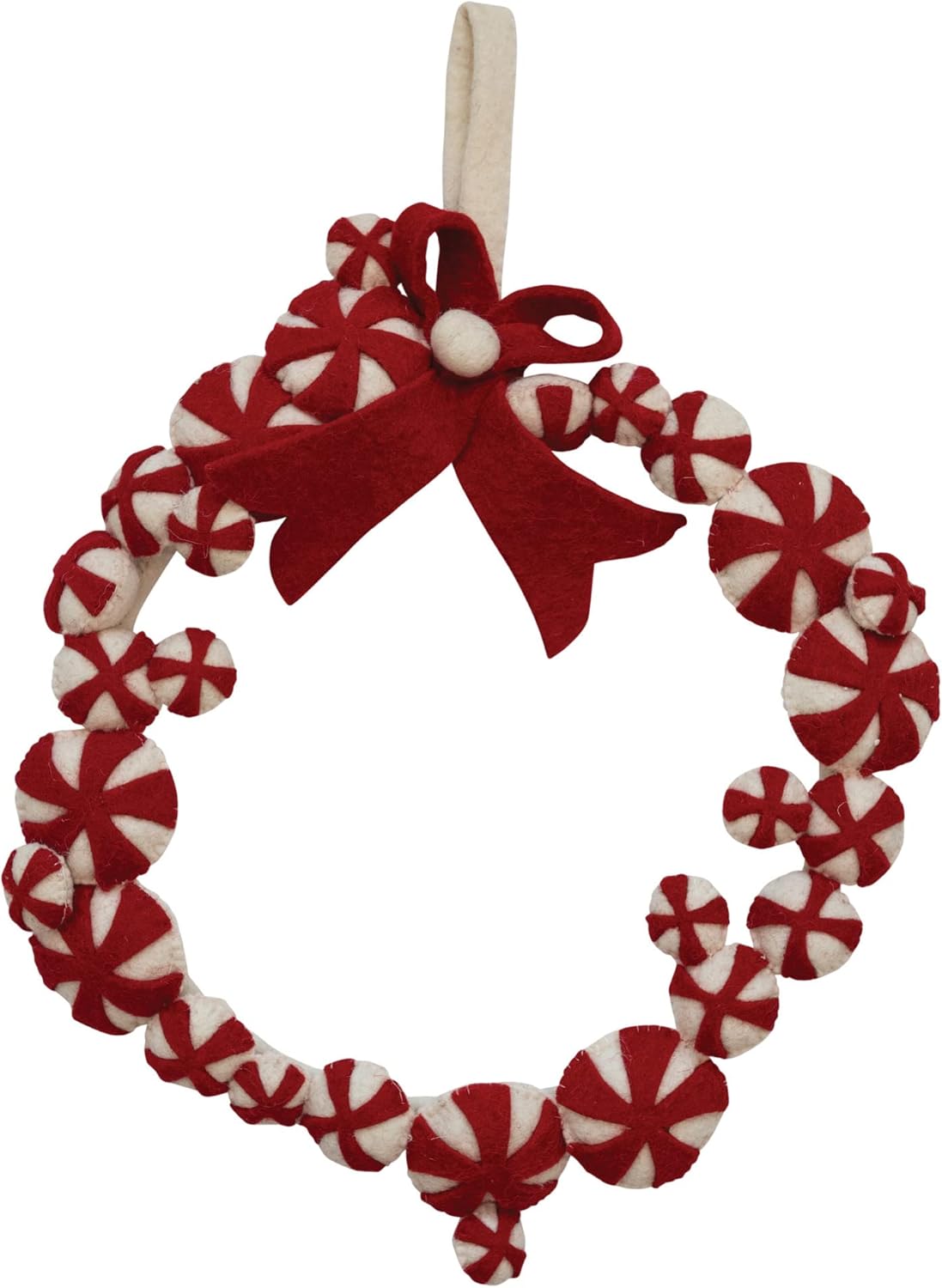 Creative Co-Op 16' Round Handmade Wool Felt Peppermint Wreath w/Bow, Red & White