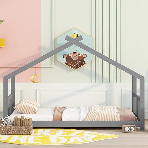 Miniatura 3 de Montessori - Marco de cama de suelo tamaño individual, marco de cama individual con cabecero, estribo y listones, marco de cama Montessori de