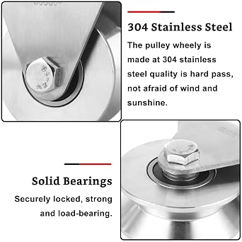 CertBuy Large Pulley Wheel 68mm, 2.7 Heavy Duty V Groove Wheel Pulley, 304 Stainless Steel Silent Pulley Block, Duplex Bearings Inside, Wall Mounted Industrial Rope Pulley for Lifting