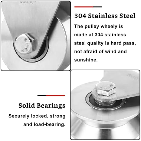 CertBuy Large Pulley Wheel 68mm, 2.7 Heavy Duty V Groove Wheel Pulley, 304 Stainless Steel Silent Pulley Block, Duplex Bearings Inside, Wall Mounted Industrial Rope Pulley for Lifting