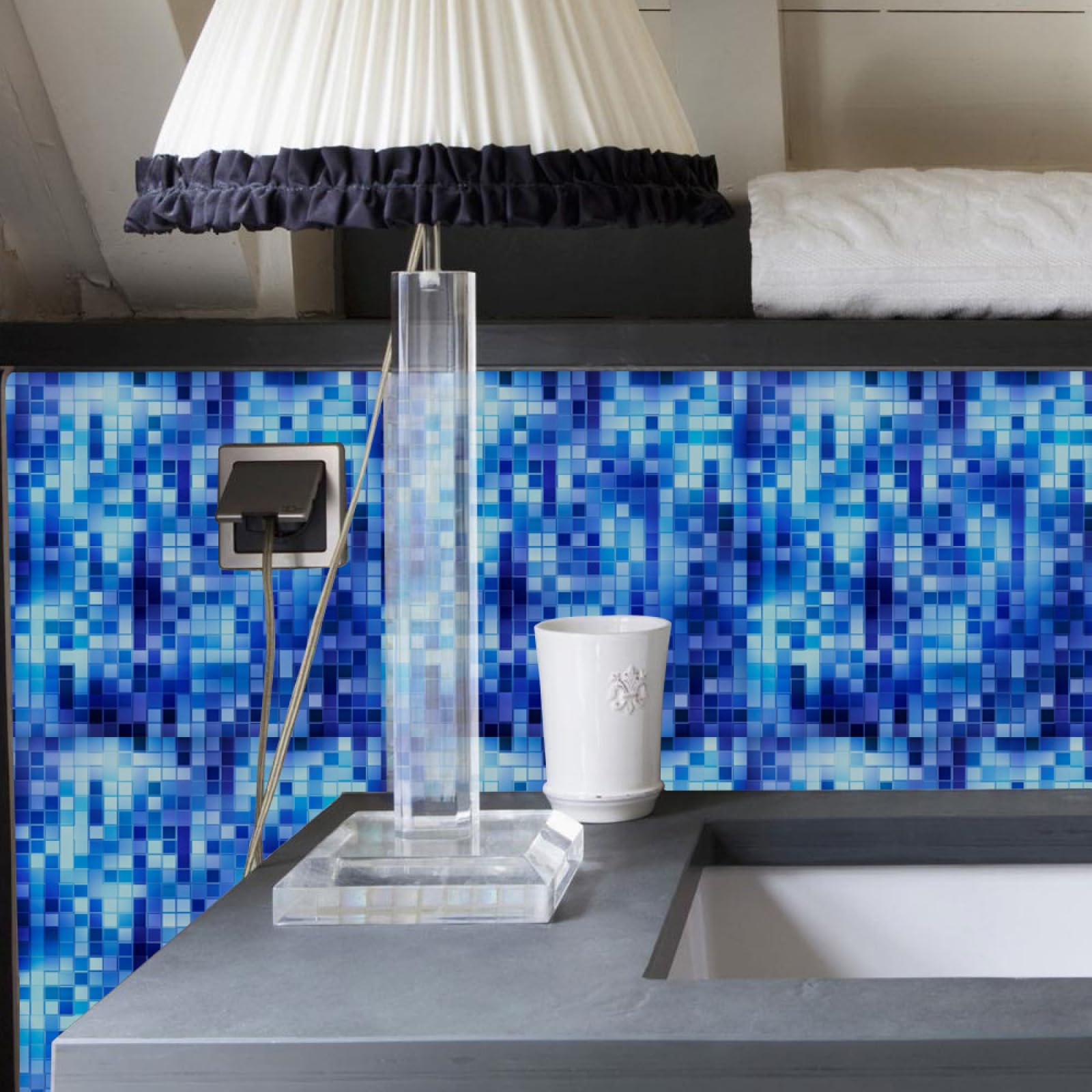 Credence Adhesive Salle de Bain Mosaïque Bleue Crédence Adhésive Cuisine Armoires Meubles Decoration Imperméables PVC Carrelage Adhesif Mural Salle de Bain