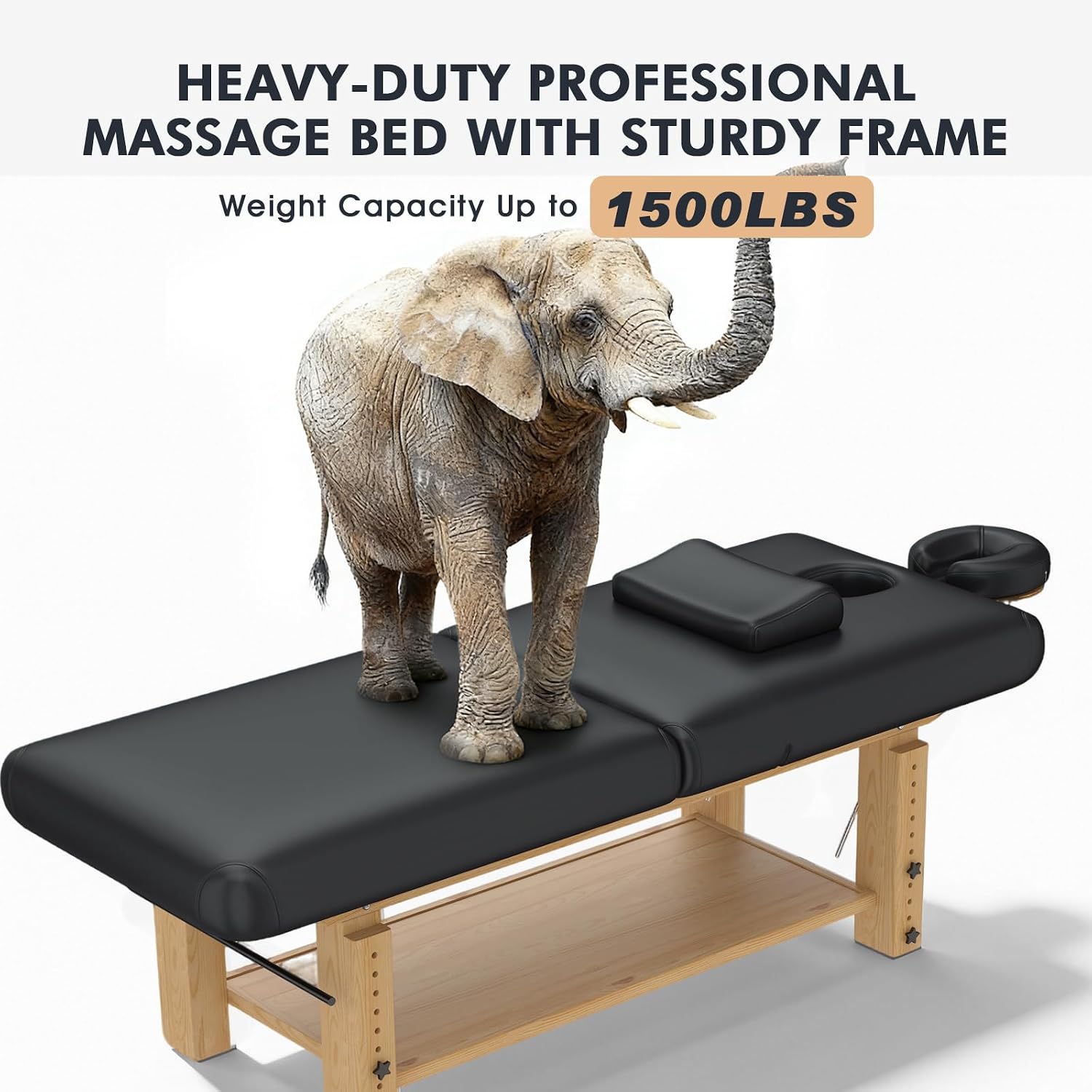 Heavy Duty Massage Table, Wooden Stationary Spa Bed with Adjustable Height & Backrest, PU Leather Professional Physical Therapy Facial Table with Face Pillow, Storage Shelf,1500 LBS Capacity
