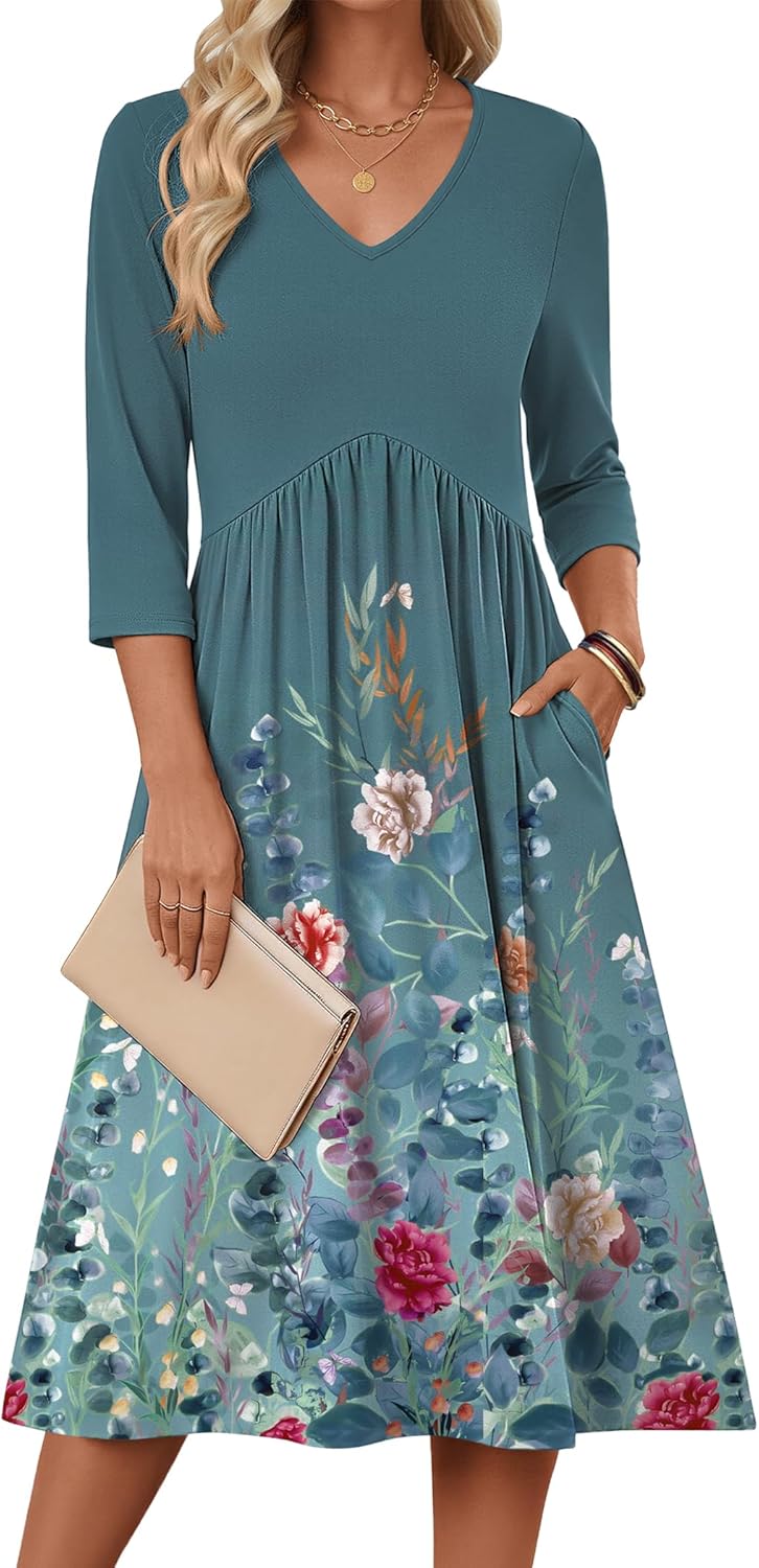 Zeagoo Sun Dresses for Women 2026 Party Holiday Vacation 3/4 Sleeve Women's Dress Casual Flowy A-Line Loose Midi Tshirt Dresses with Pocket Empire Waist Summer Boho Beach Sundress Green XL - Image 2