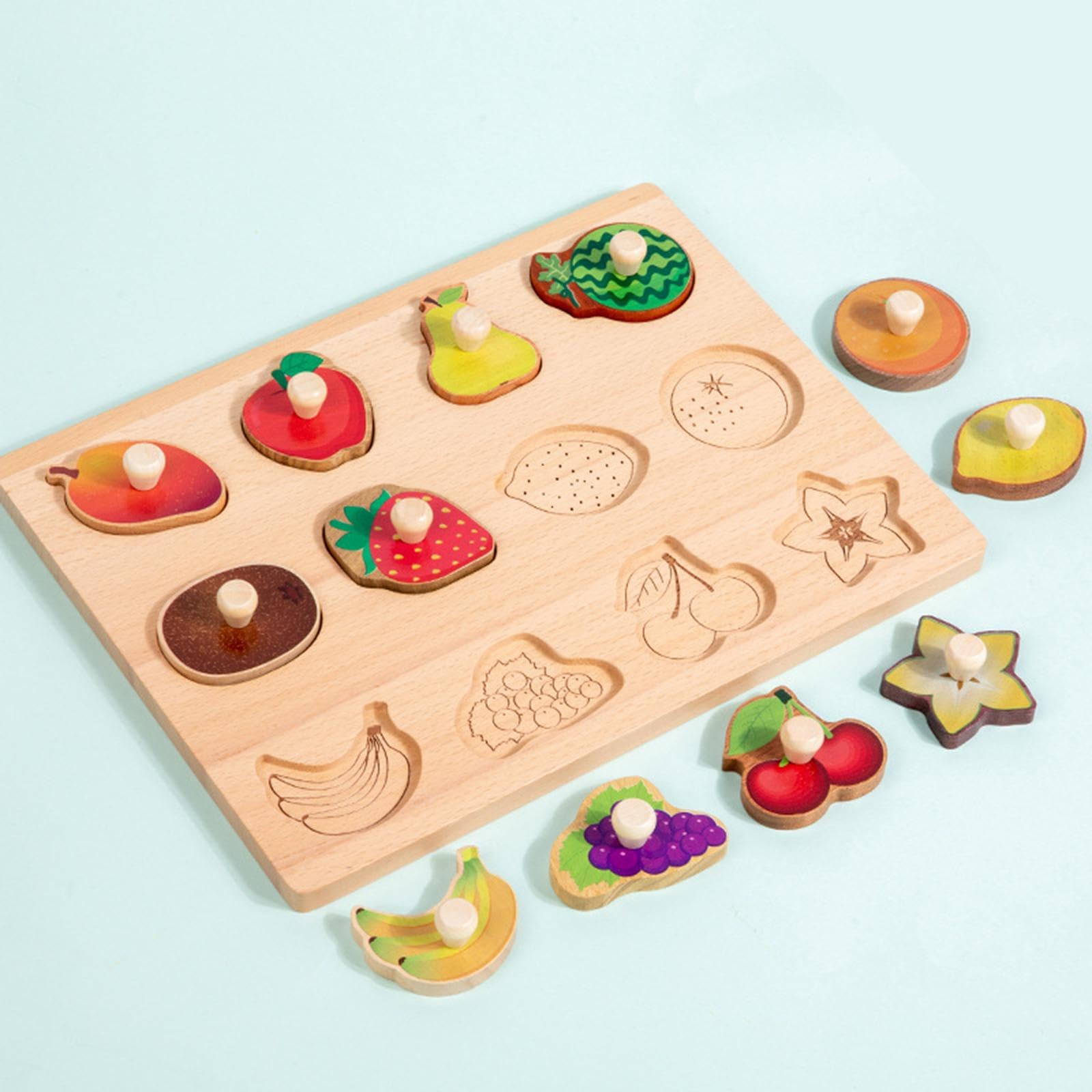 Steckpuzzle Aus Holz, Formensortierbrett, Frühkindliches Lernen, Hand Augen Koordination, Spielzeug für Babys Und Kinder Ab 3 Jahren, Obst