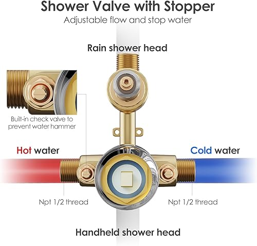 Miniatura 37 de Gabrylly Juego de grifo de ducha para bañera, sistema de ducha de bañera con válvula de ducha de 3 vías, cabezal de ducha de lluvia de alta presión