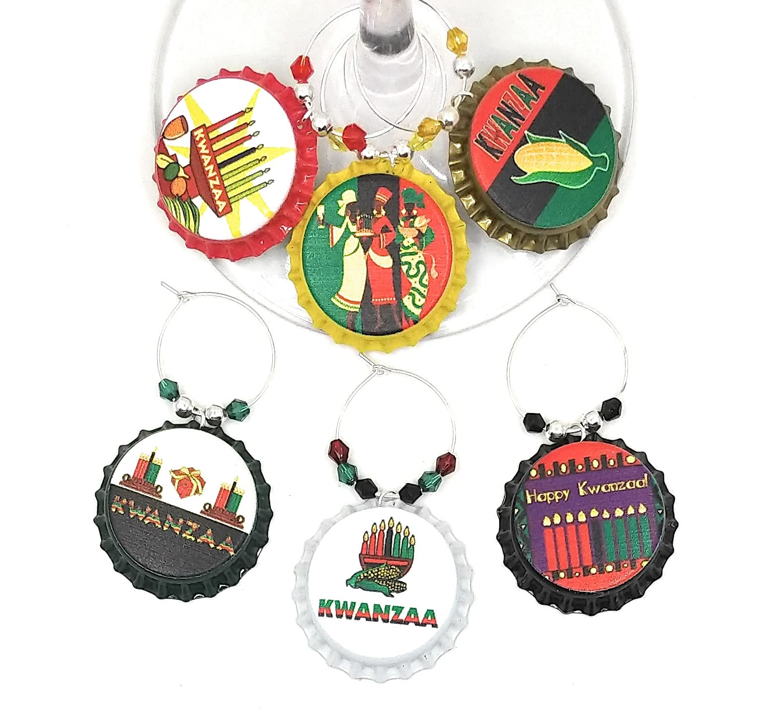 Kwanzaa Wine Charms, Kwanzaa Gifts, Kwanzaa Party Supplies, African Wine Charms, Kwanzaa Glass Tag Identifiers, Kwanzaa Glass Markers, Bottle Cap Wine Charms - 6 Pack