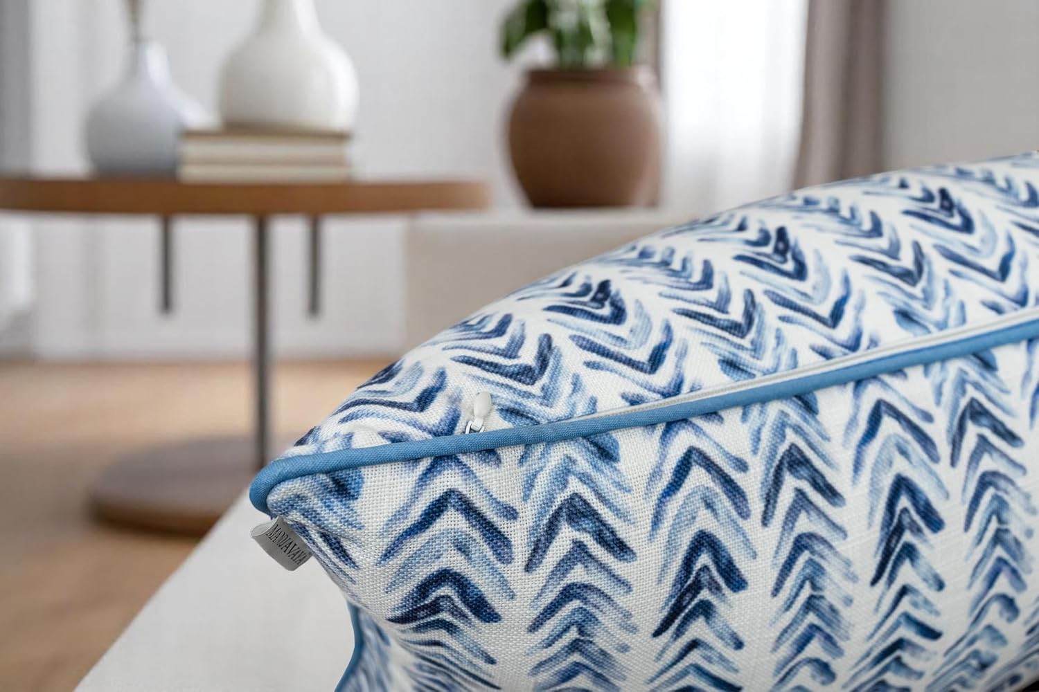 Printed 20x20 Inch Throw Pillow Cover – Blue Chevron Coastal Accent – Herringbone