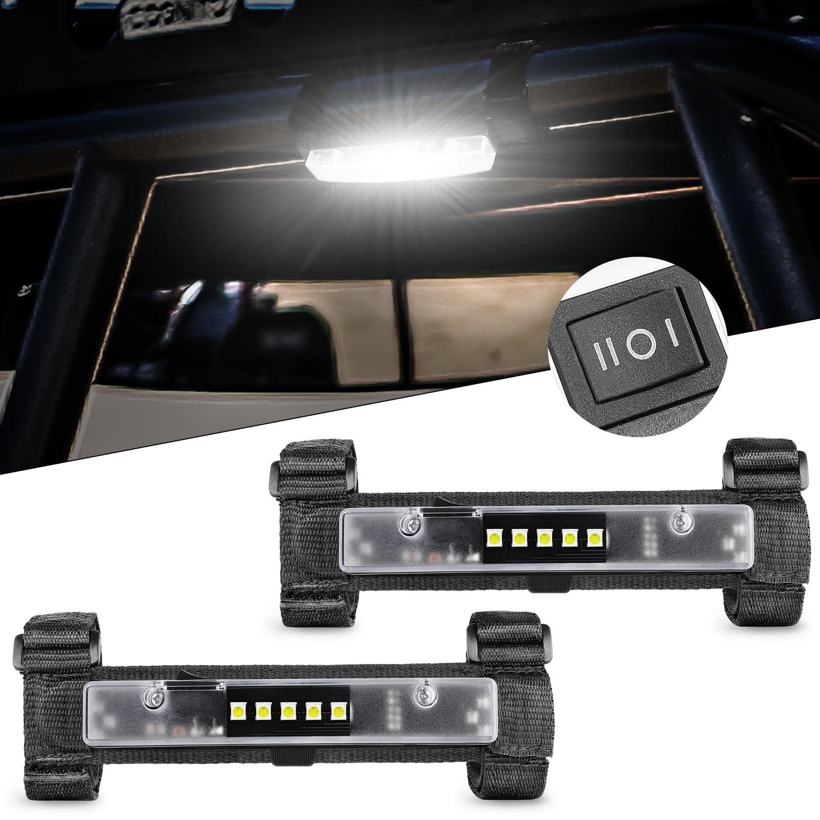 UTV Dome Light, Rfroad Lighting Universal Roll Bar Roll Cage Mount UTV Interior Light Battery Powered for ATV SXS Polaris RZR Can Am Truck Car Off Road Golf Car, 2 Pack