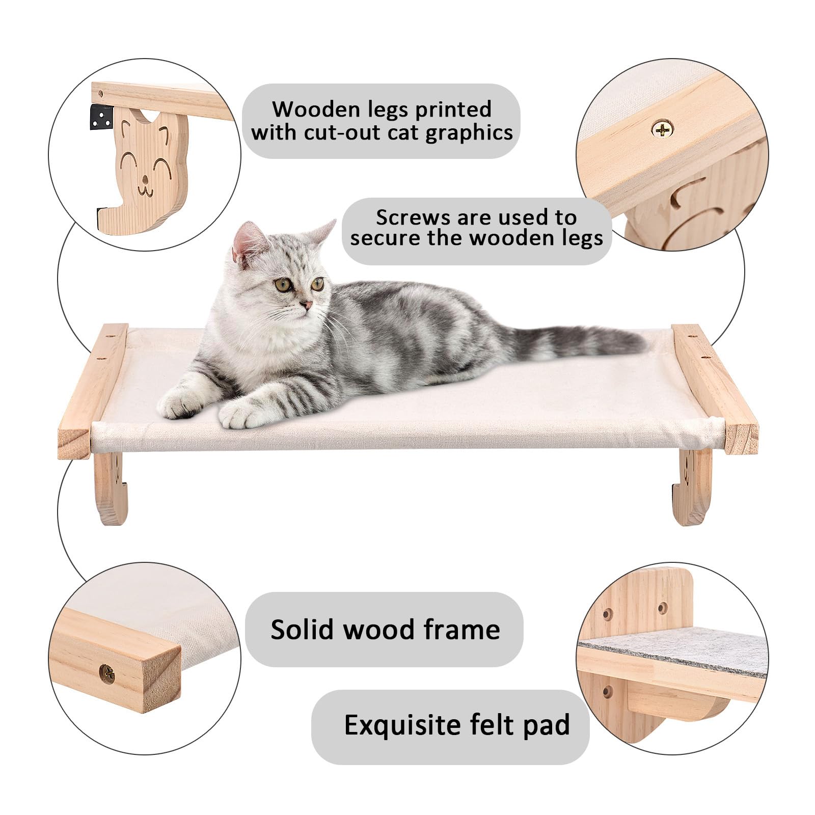 Hamac chat fixé au mur, mobilier mural en bois pour chat, étagères et barres, étagère murale avec peluche, plateforme pour dormir, jouer et escalader