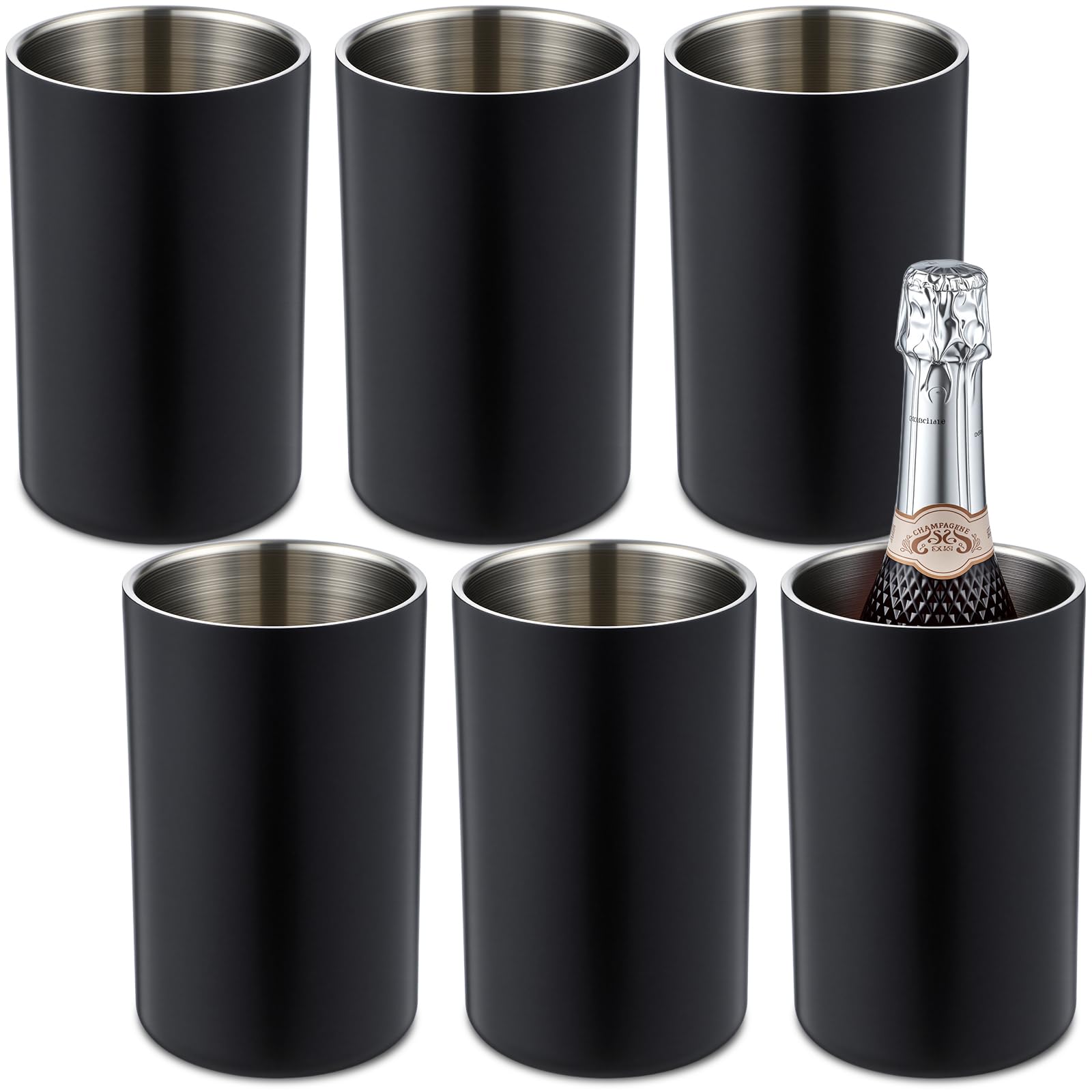 Potchen 6 Pack Wine Chiller Bucket Wine Bottles Cooler Bulk, Stainless Steel Double Wall Insulated Champagne Ice Bucket for Parties,Fits for 750 ml Bottles(Black)
