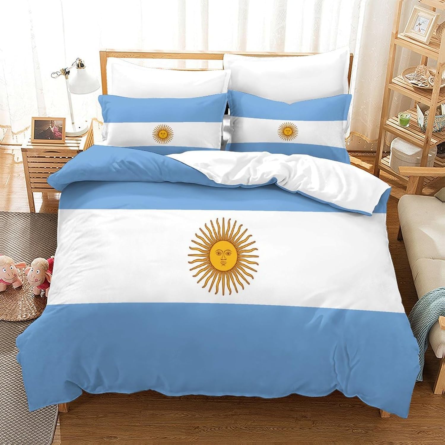 Set Copripiumino una Piazza e Mezza 200x200 cm Bandiera Argentina Set di Biancheria da Letto in Microfibra Bandiera Sudamericana 3D Copripiumini Blu con Chiusura a Cerniera e 2 Federe 50x80 cm E.645