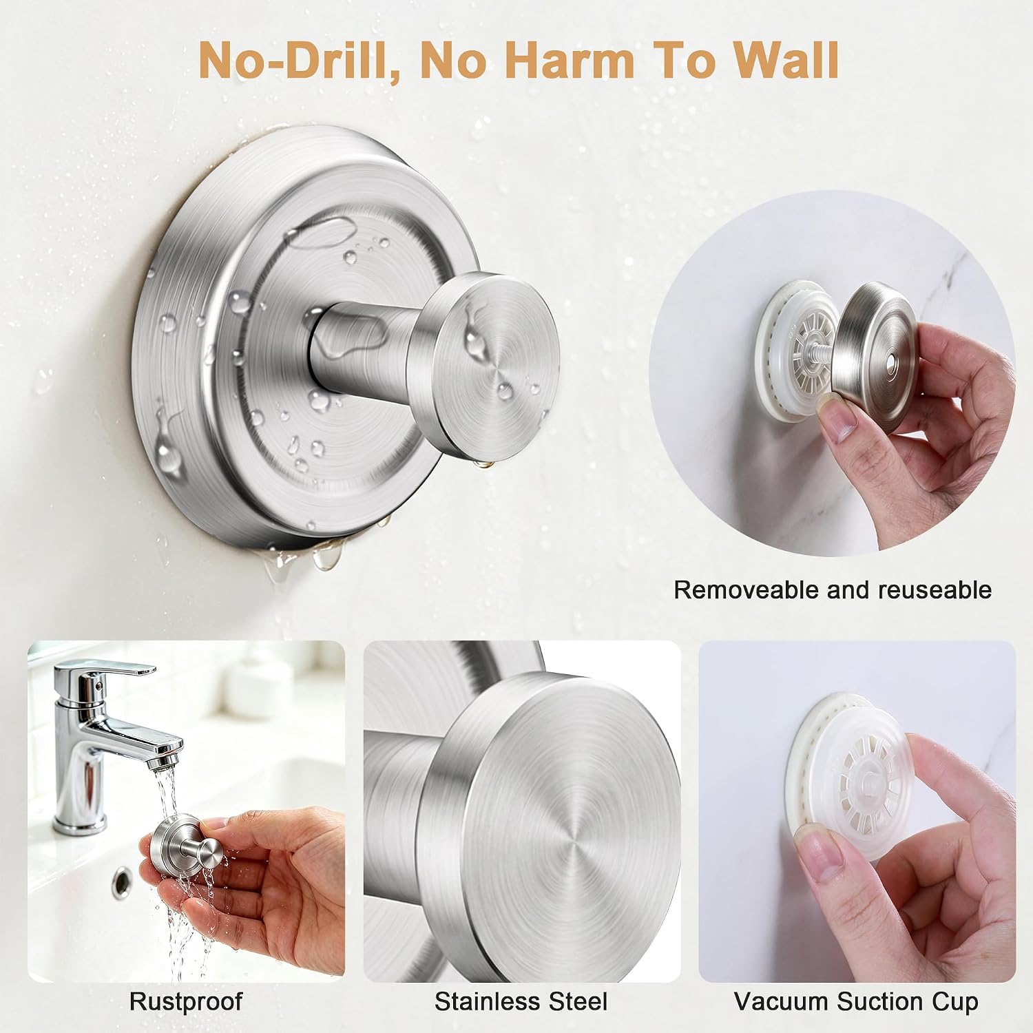 Suction Cup Hooks for Shower, Bathroom Towel Holder, 4 Pack, Silver image 3