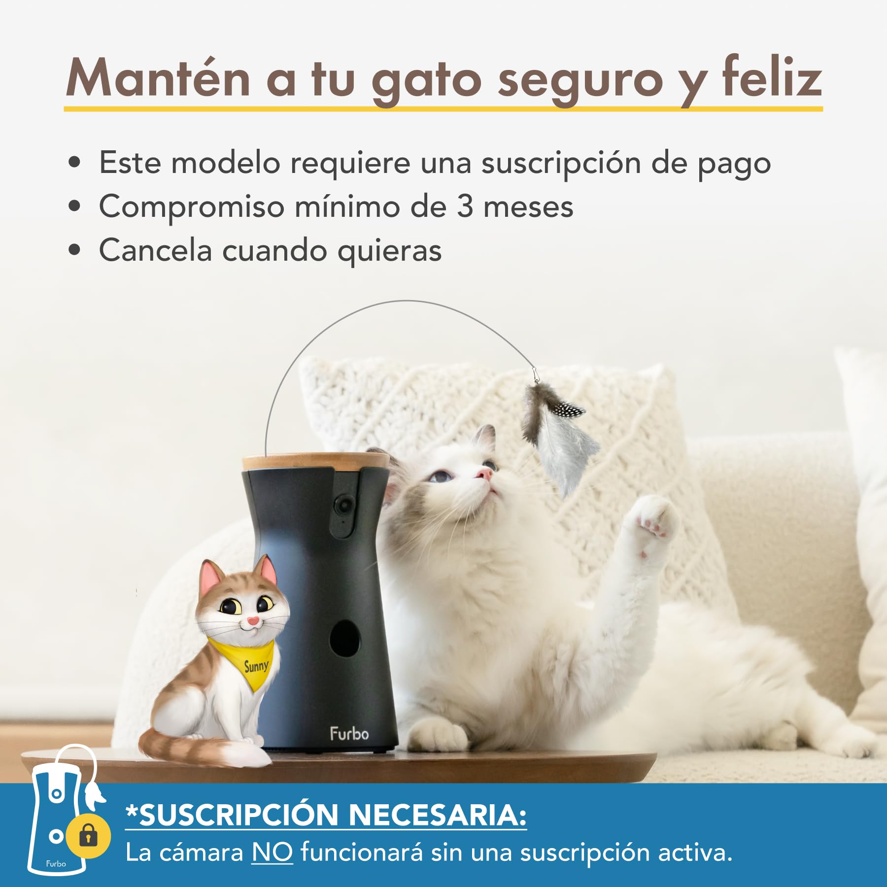Furbo Cámara para Gatos 360° & App [Suscripción Necesaria para Activar] | Cámara para Gatos 1080p con Visión Nocturna a Color, Audio Bidireccional y Alerta de Maullidos – Lanza Premios desde el Móvil