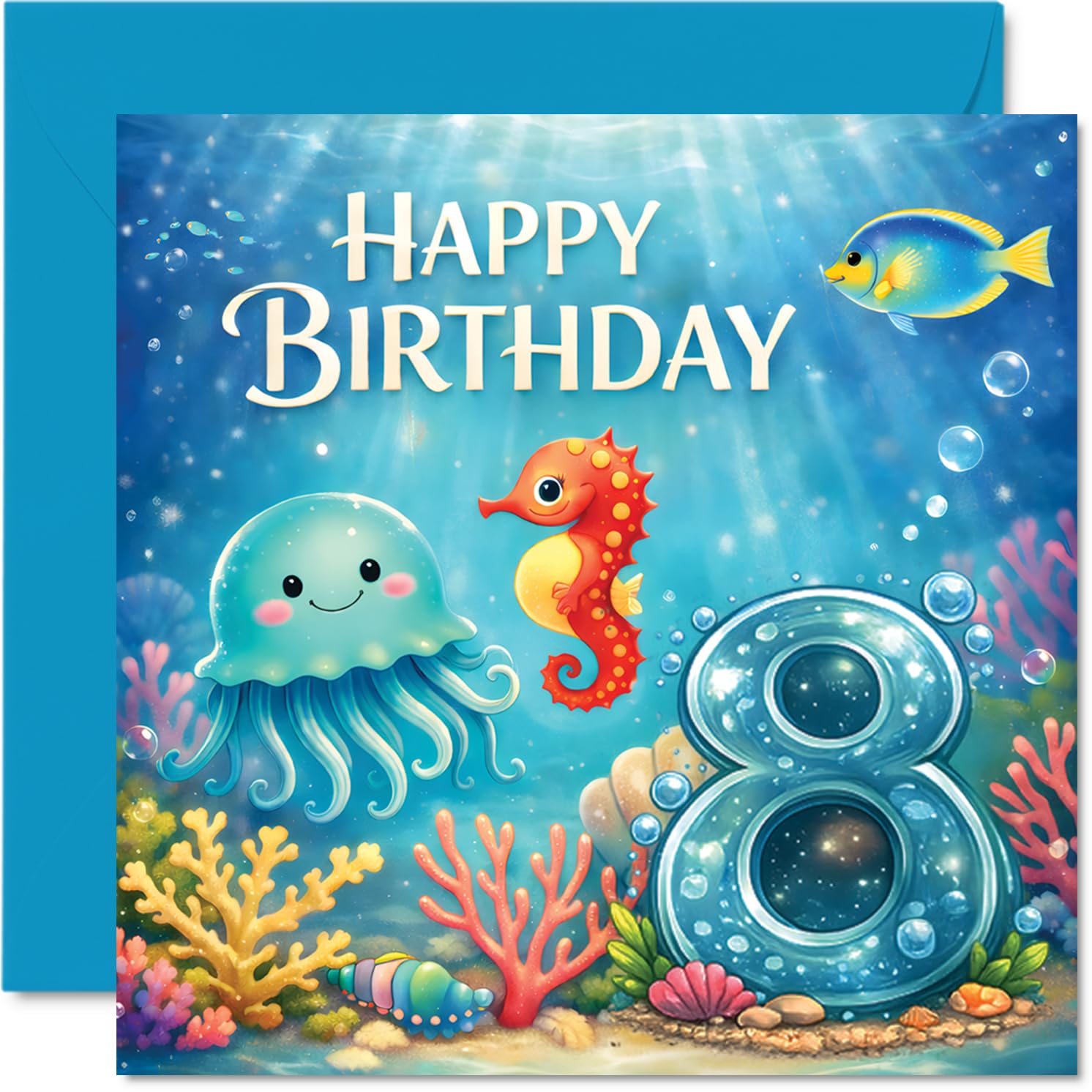 Playful 8th Birthday Card - Dive into Birthday Fun - Lively Sea Creatures and Big Number 8 in Cheerful Blues - Perfect for Ocean-loving Kids - 145mm Square, Envelope Included