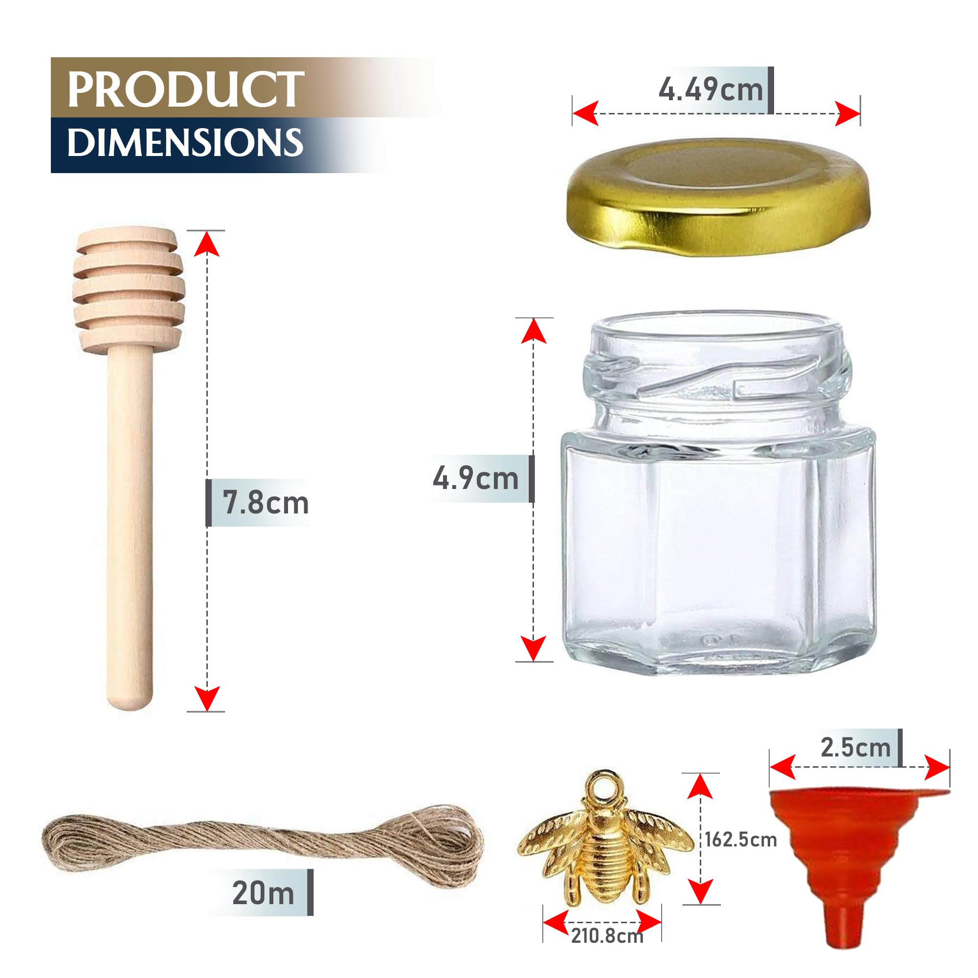 Lot de 50 mini pots à miel en verre avec couvercle, louches en bois, couvercles dorés, pendentifs abeille, jute,sacs cadeaux dorés/pots à miel cadeau invites mariage/kit apiculture