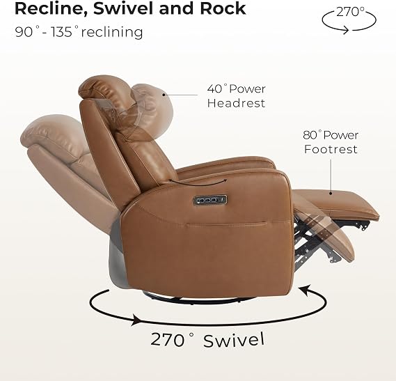 CHITA Genuine Leather Power Recliner Chair, Swivel Rocker, Saddle Brown | Electric Triple Motor Rocker Recliner for Living Room with Adjustable Headrest / Lumbar Support, USB & Type-C Charging Ports