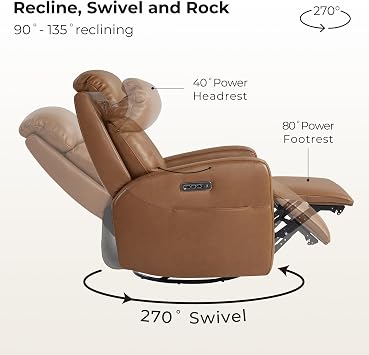 CHITA Genuine Leather Power Recliner Chair, Swivel Rocker, Saddle Brown | Electric Triple Motor Rocker Recliner for Living Room with Adjustable Headrest / Lumbar Support, USB & Type-C Charging Ports