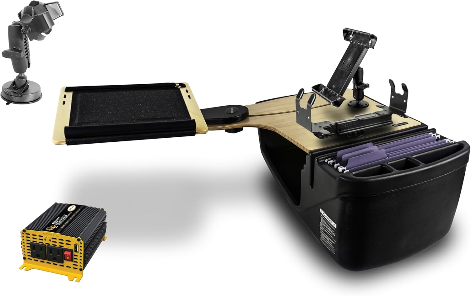 AutoExec Reach Desk Back Seat Car Desk for Your Vehicle Workstation and Mobile Office, Birch, with 400 watt Power Inverter, Tablet Mount, Printer Stand and Suction Phone Mount