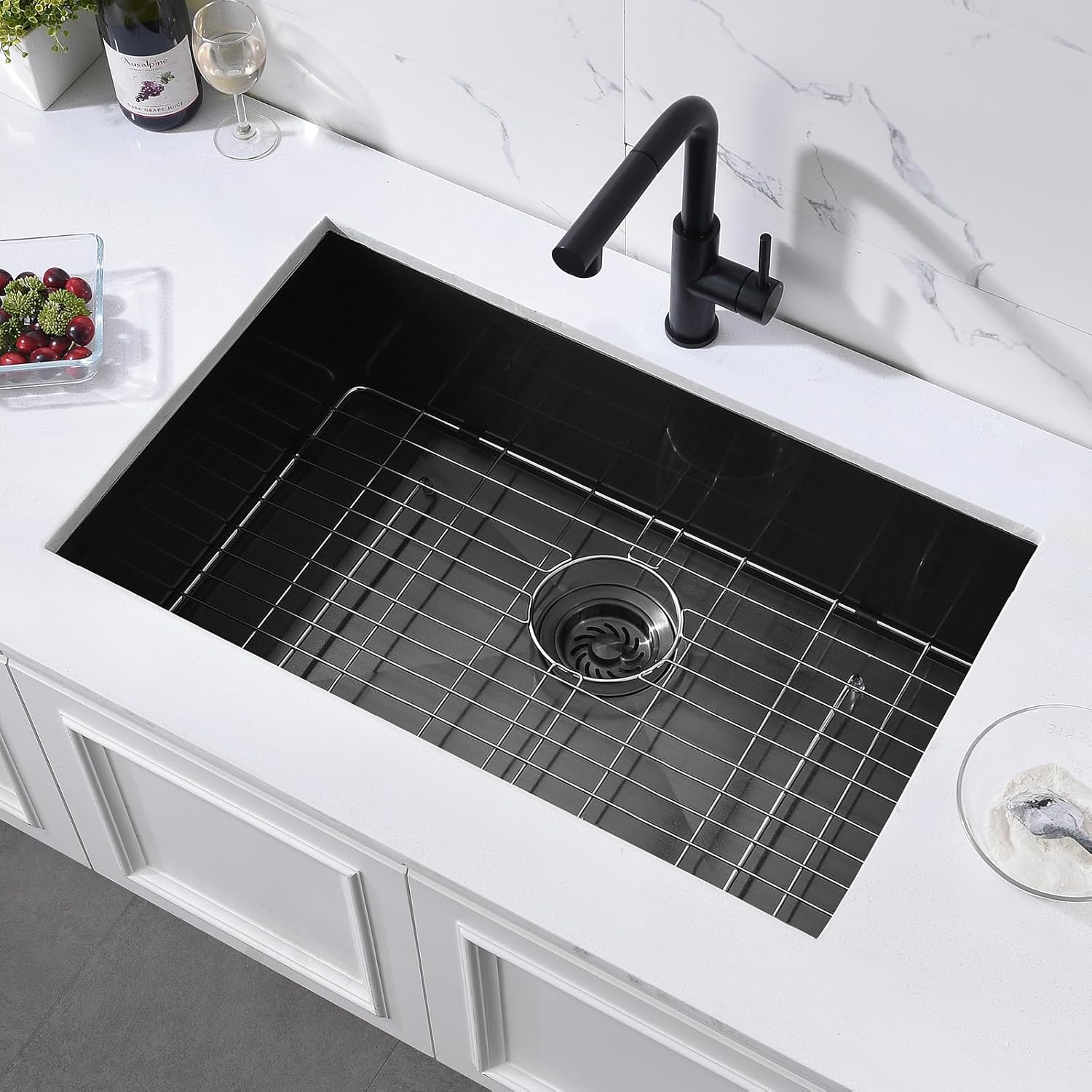 32 Undermount Black Kitchen Sink, ZDHHT 32 x 19 x 10 Inches 16 Gauge Black Stainless Steel Kitchen Sink Under mount Single Bowl 10" Deep Handmade Sink with Accessories