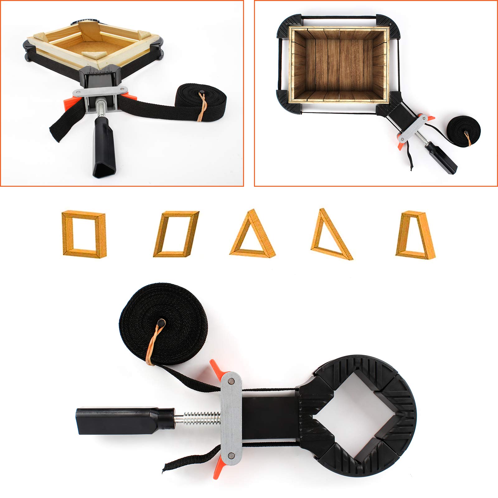 1Pcs 90°Abrazadera de la Esquina, Abrazaderas de Ángulo Recto, Ábrazaderas de Esquina Ajustable para Marcos Cuadrado de Cajón de Madera (Correa: longitud ajustable 4 metros)